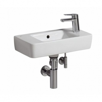 Раковина Geberit Renova Compact с укороченным вылетом и полкой (слева), 50×15×25 см, белая