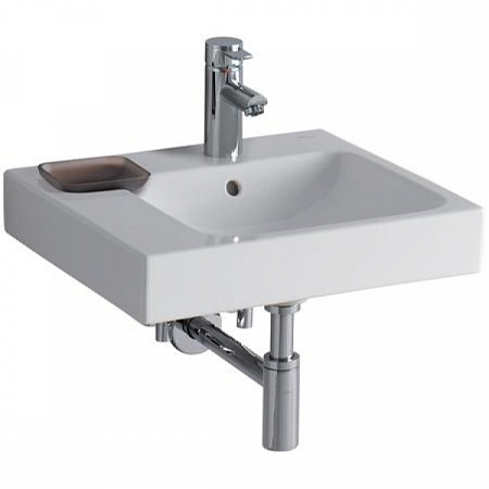 Раковина Geberit iCon с декоративной чашей, с полкой (слева), отверстие под смеситель по центру, перелив на виду, 50×48,5 см, белая