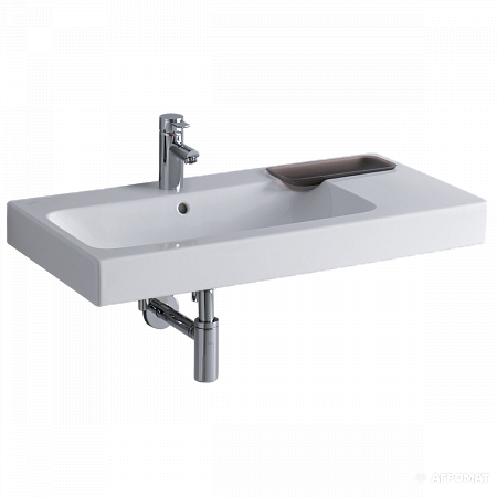 Раковина Geberit iCon, с полкой (справа) и декоративной чашей, отверстие под смеситель по центру, перелив на виду, 90×48,5 см, белая