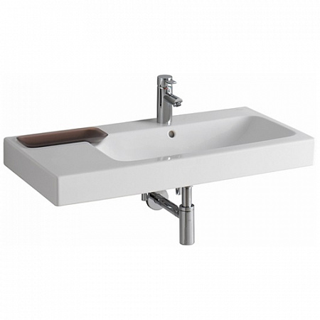 Раковина Geberit iCon, с полкой (слева) и декоративной чашей, отверстие под смеситель по центру, перелив на виду, 90×48,5 см, белая