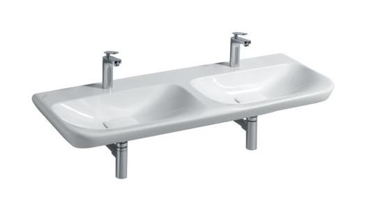 Двойная раковина Geberit myDay, отверстие под смеситель по центру, без перелива, покрытие KeraTect, 130×48 см, белая