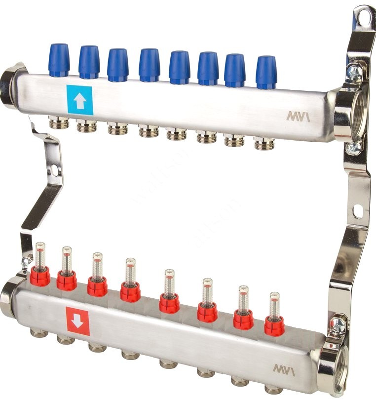 Коллекторная группа из нерж. стали с расходомерами и термостатическими вентилями DN 1"х 3/4"ЕК, 2 вых. MVI