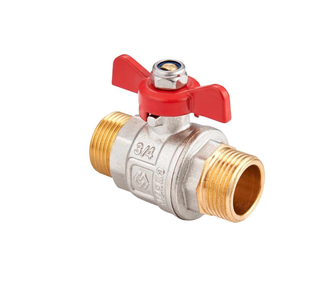 Кран шаровый латунный с ручкой-бабочкой, штуцер-штуцер (БШШ) DN 1/2" PN 40 MVI Premium