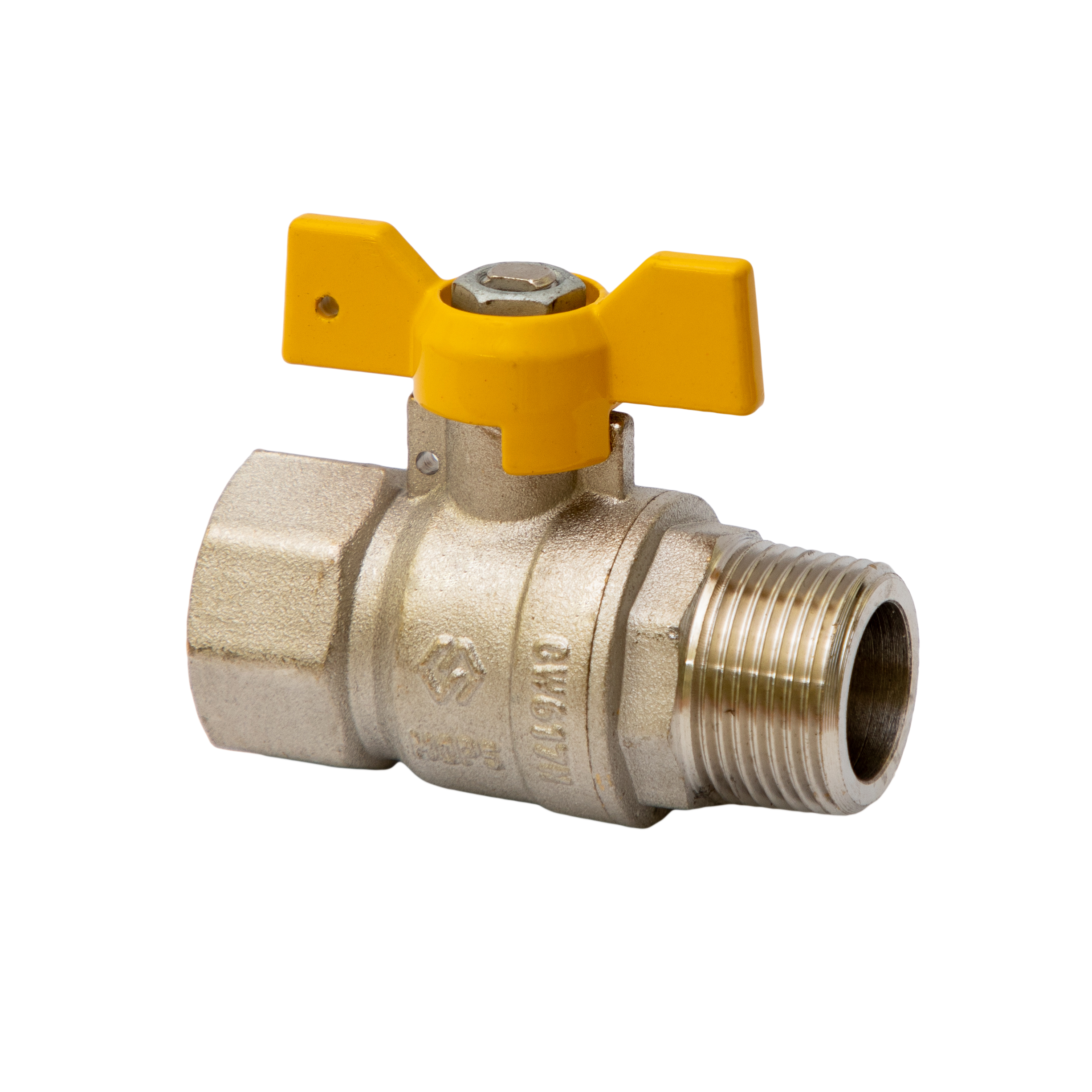 Кран шаровый латунный газовый с ручкой-бабочкой, гайка-штуцер (БГШ) DN 1/2" PN 25 MVI