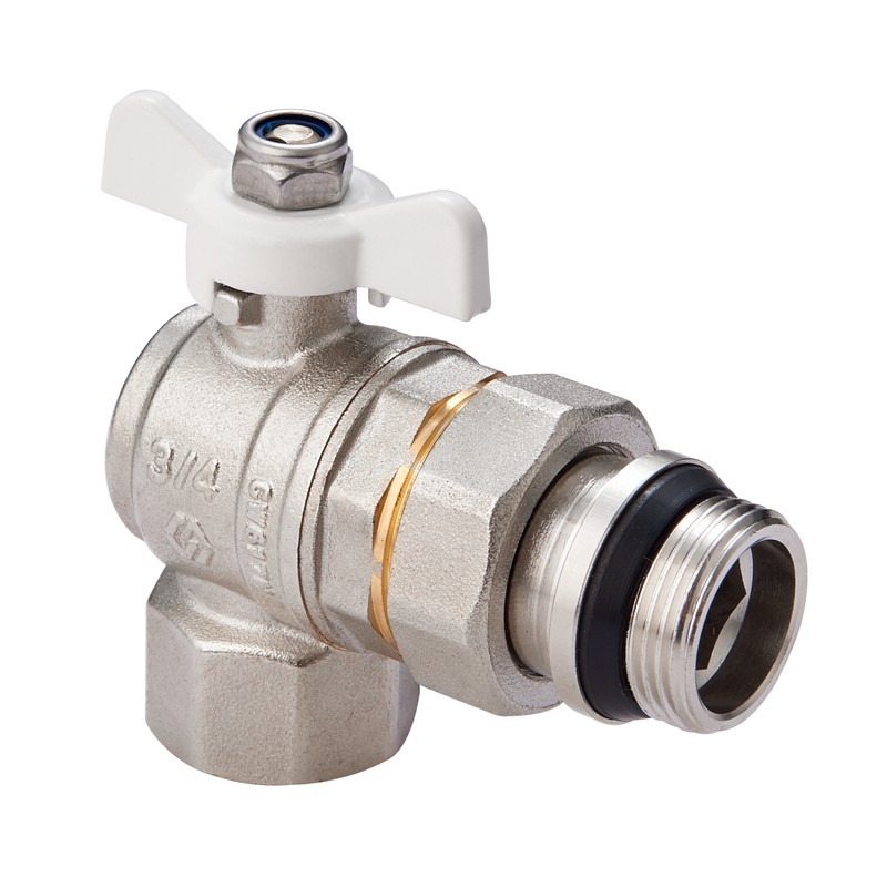 Кран-американка шаровый латунный угловой с ручкой-бабочкой и самоуплотняющимся кольцом DN 1/2" PN 40 MVI